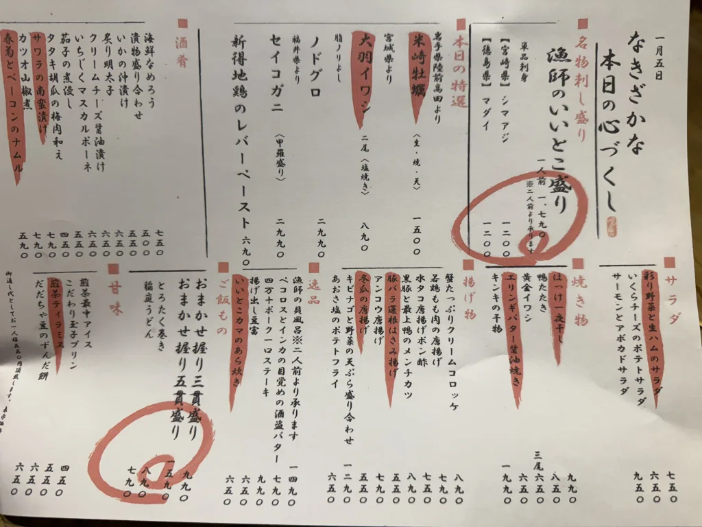 なきざかなのメニュー